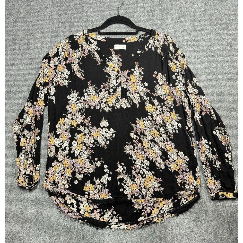 Maurices Black Floral Long Sleeve V-neck Blouse Frayed Seem 3/4 Button Down L